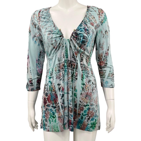 One World Top Womens Medium Blue Floral Tunic Boho Stretch 3/4 Sleeve Y2K Artsy - Picture 1 of 11